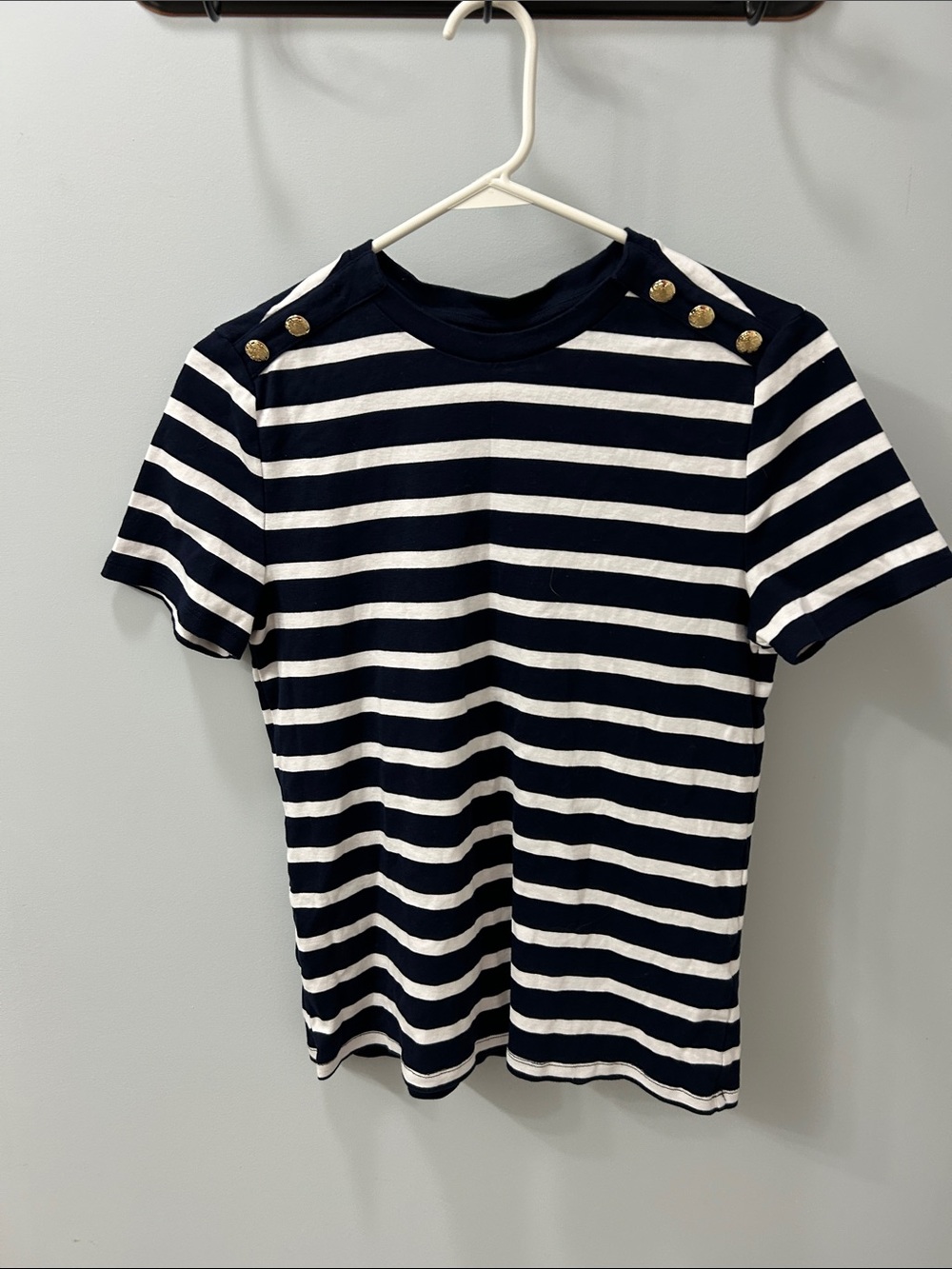 Rafaella Navy & White Striped Short Sleeve Shirt with Gold Buttons